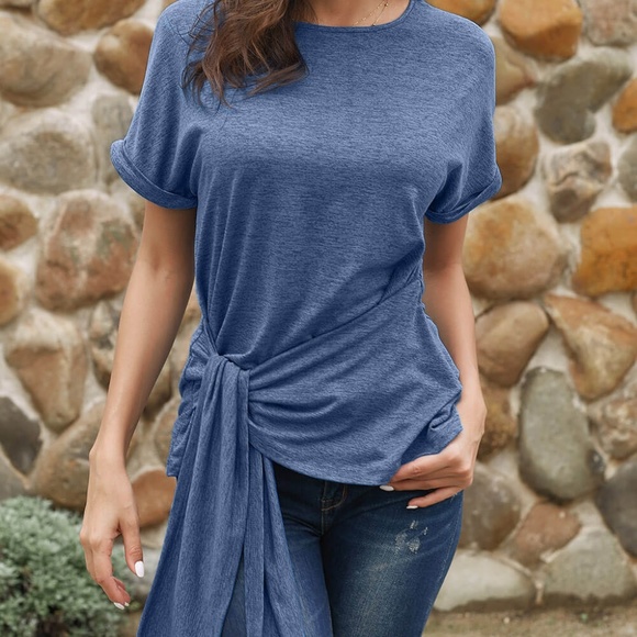 Brand New Blue Wrap Self Tie Waist Short Sleeve Top - Picture 4 of 4